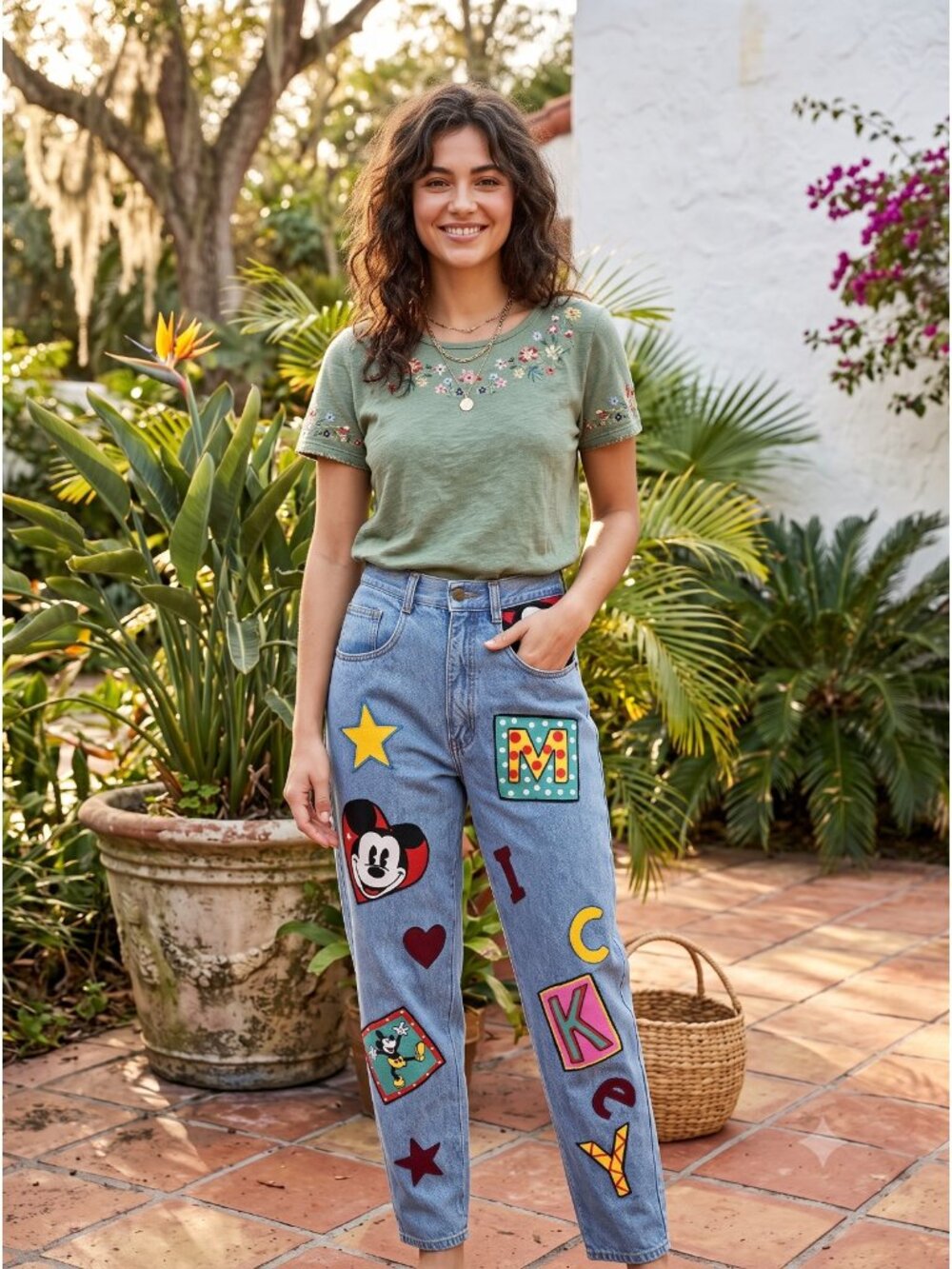 Vtg 90s Mickey & Co Disney Patchwork High Waist Mom Denim Jeans